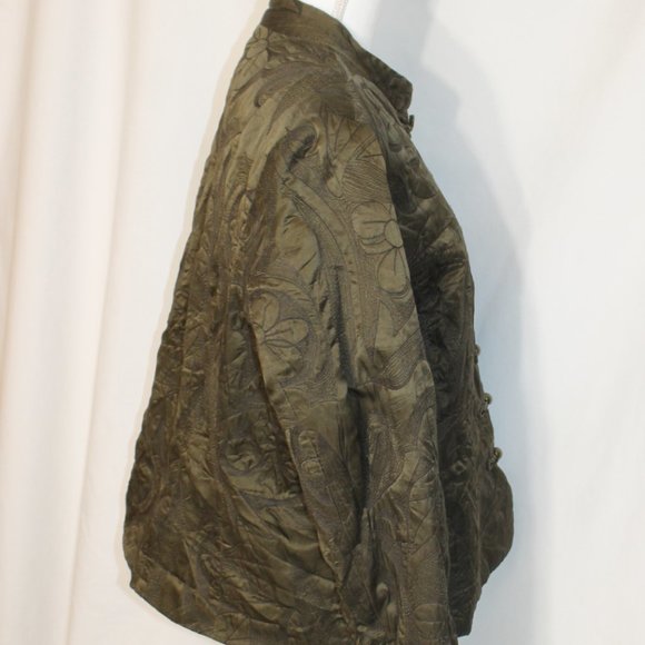 COLDWATER CREEK Olive Green Quilted Jacket Size Large Button Front Oriental L/S - Picture 5 of 13